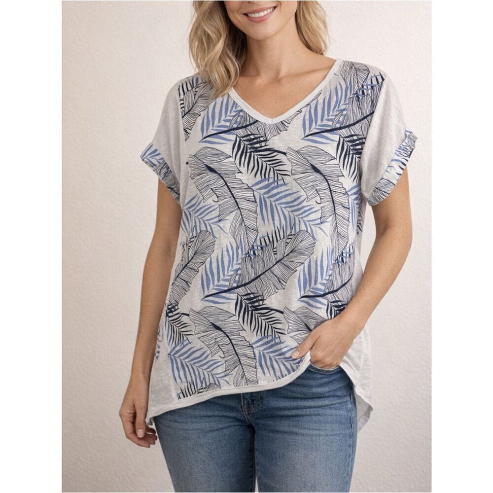Kaktus Italy 100% Linen Tropical Leaf Print Hi Low Top White Blue Size M